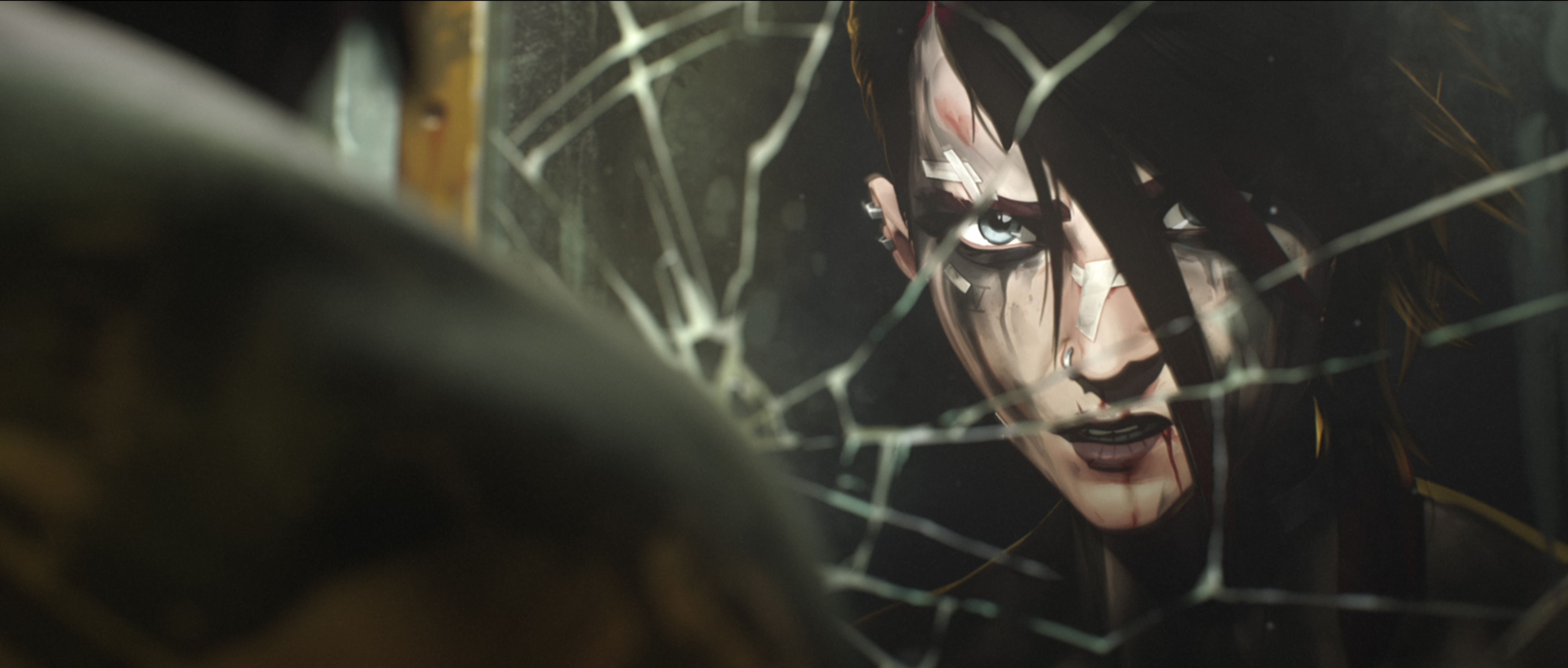 Vi from Arcane looks in an edgy broken mirror, dark hair-dye and makeup smeared across her face.