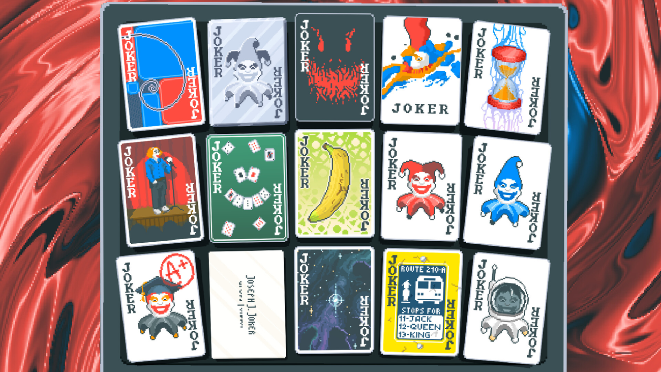 A collection of unique Joker cards in pixel art style in Balatro