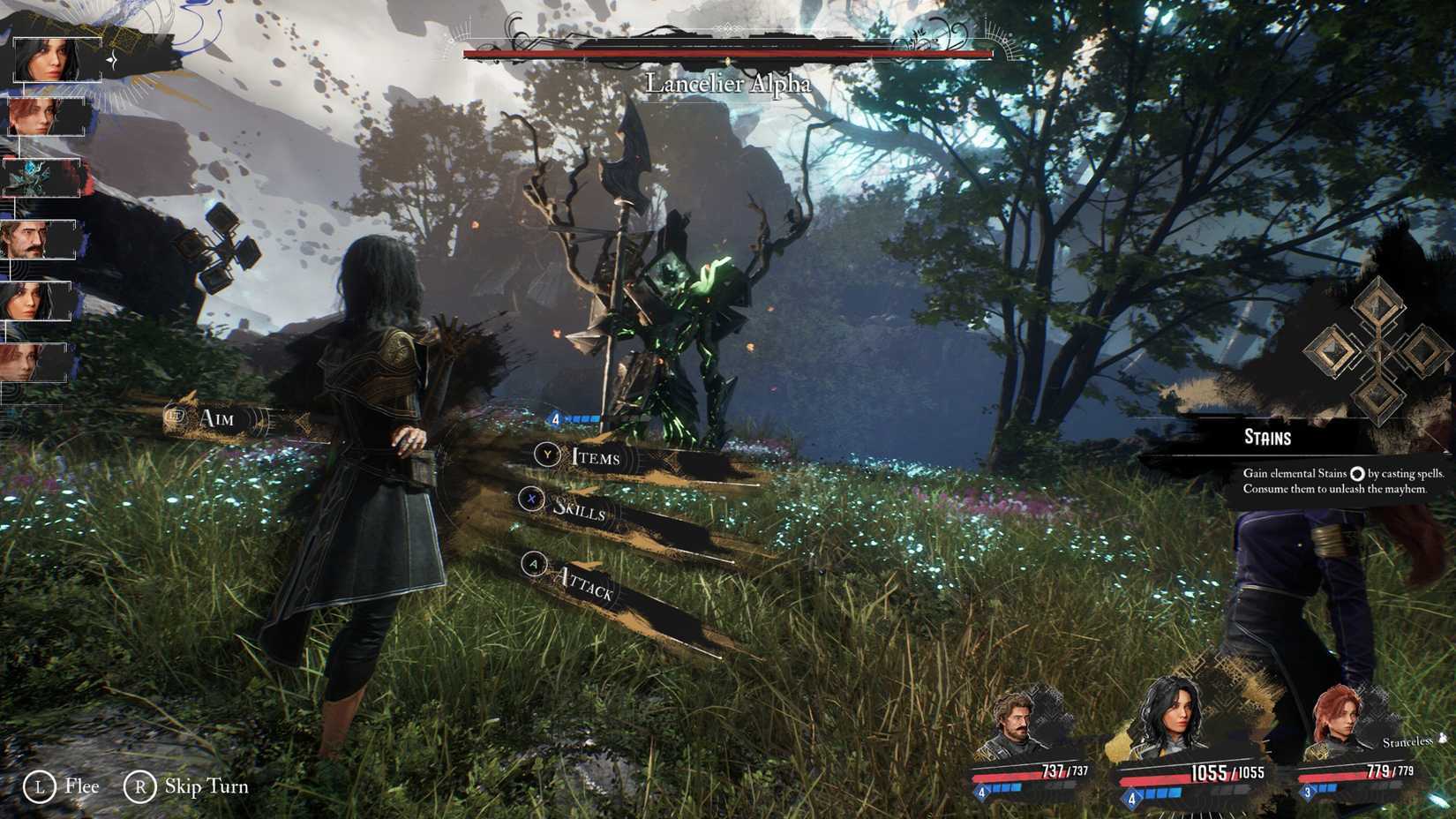 A character in Clair Obscur: Expedition 33 prepares to attack an enemy in a grassy forest