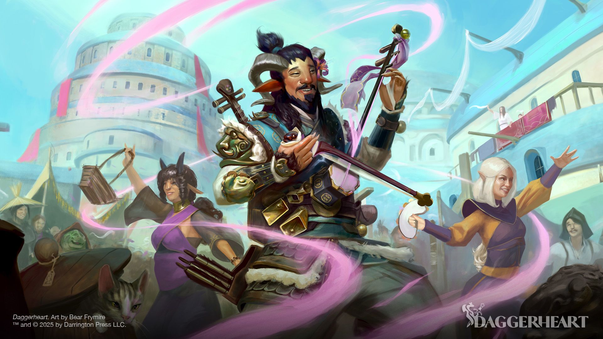 A firbolg bard plays music while people dance in the streets in art from Daggerheart.