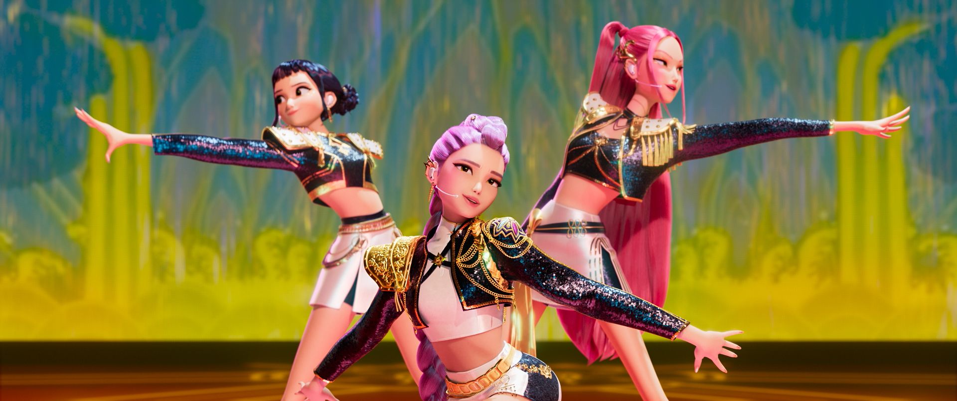 three young women who form the band Huntrix in KPOP Demon Hunters on Netflix
