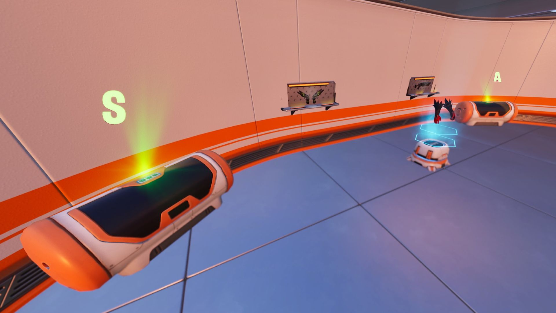 A closed vault in Fortnite containing ranked chests, wall stand weapons, and a stand holding a floating item.