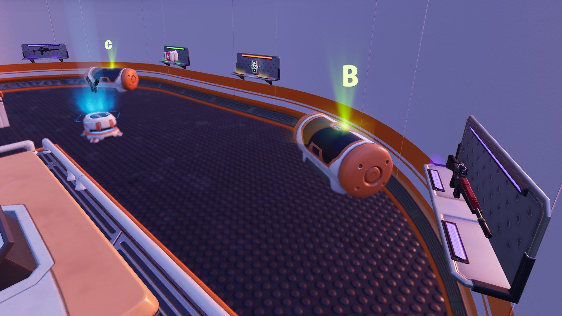 An area in Fortnite containing wall stands holding weapons, ranked chests, and a stand with a floating item.