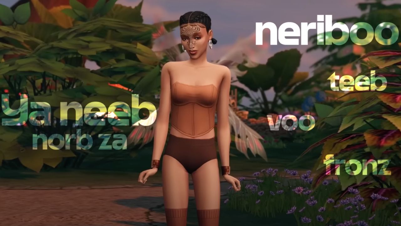 A fairy-Sim version of FKA Twigs faces the camera, as the Simlish lyrics, “Ya need norb za neriboo teeb voo fronz” appear around her.
