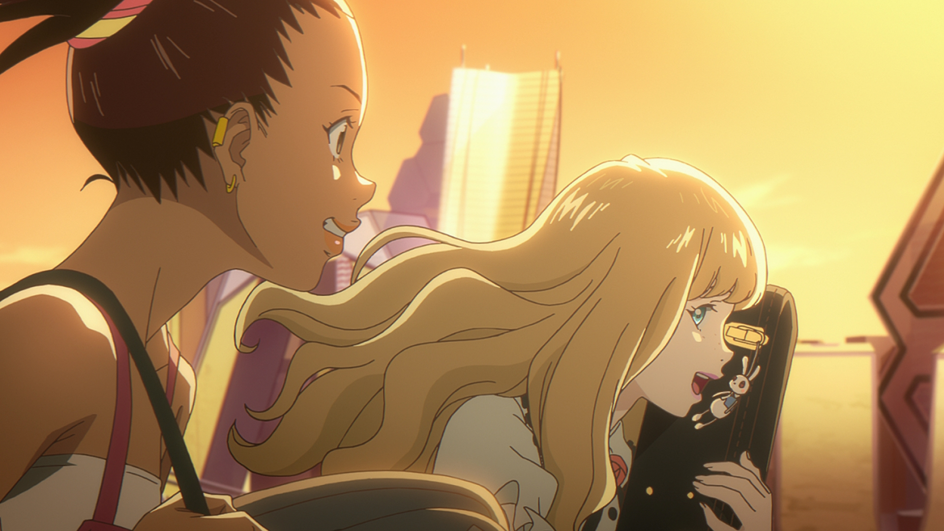 Two characters laughing and walking in the sunset from Carole & Tuesday