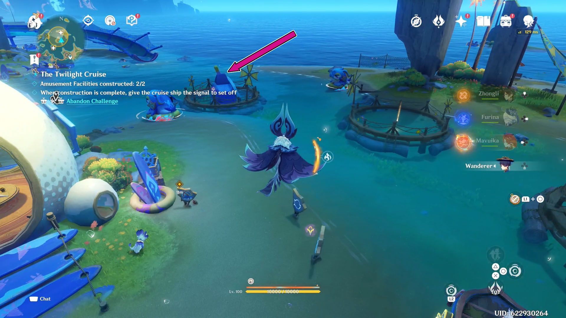 Uma captura de tela de impacto de Genshin mostrando na iktomisaur voando e uma flecha rosa mostrando onde os jogadores precisam construir o portão de tubarão Chompy Chompy ao guiar o cruzeiro do crepúsculo.