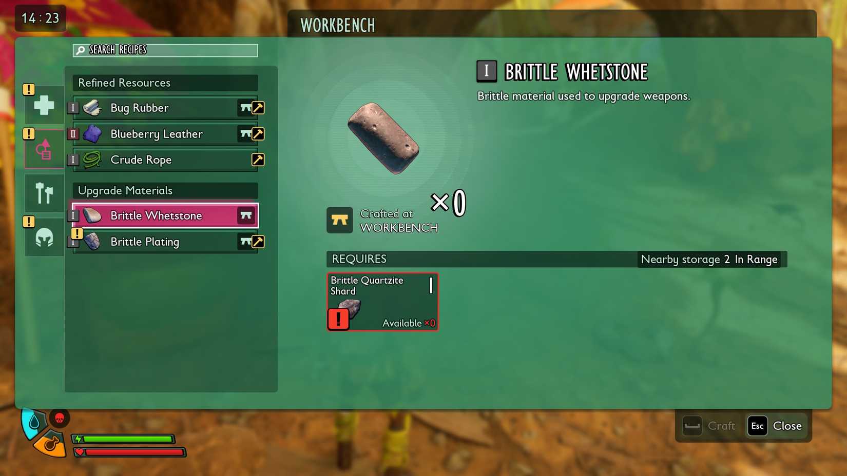 A crafting page showing brittle whetstone in Grounded 2