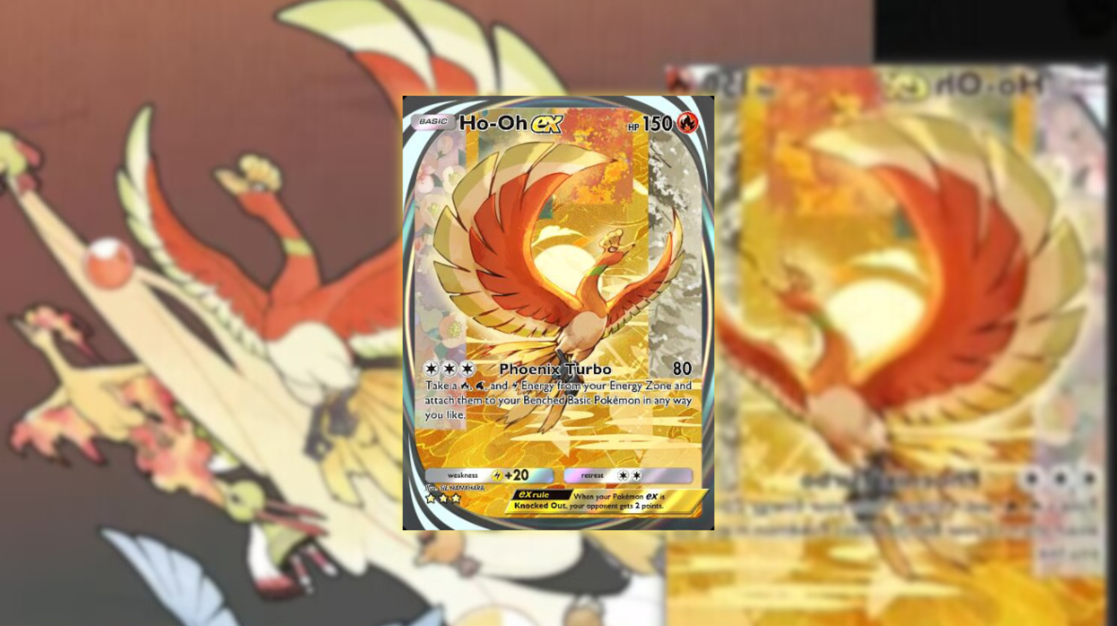 An upcoming card of a mythical bird Pokémon, Ho Oh, behind Pokémon fan artist lanjiujiu’s art, which looks similar to the official card coming to Pokemon TCG Pocket.