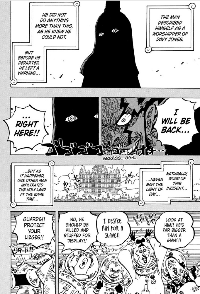 A page of a shadowy figure talking to another man and a group of royals reacting to a skirmish outside from One Piece chapter 1155