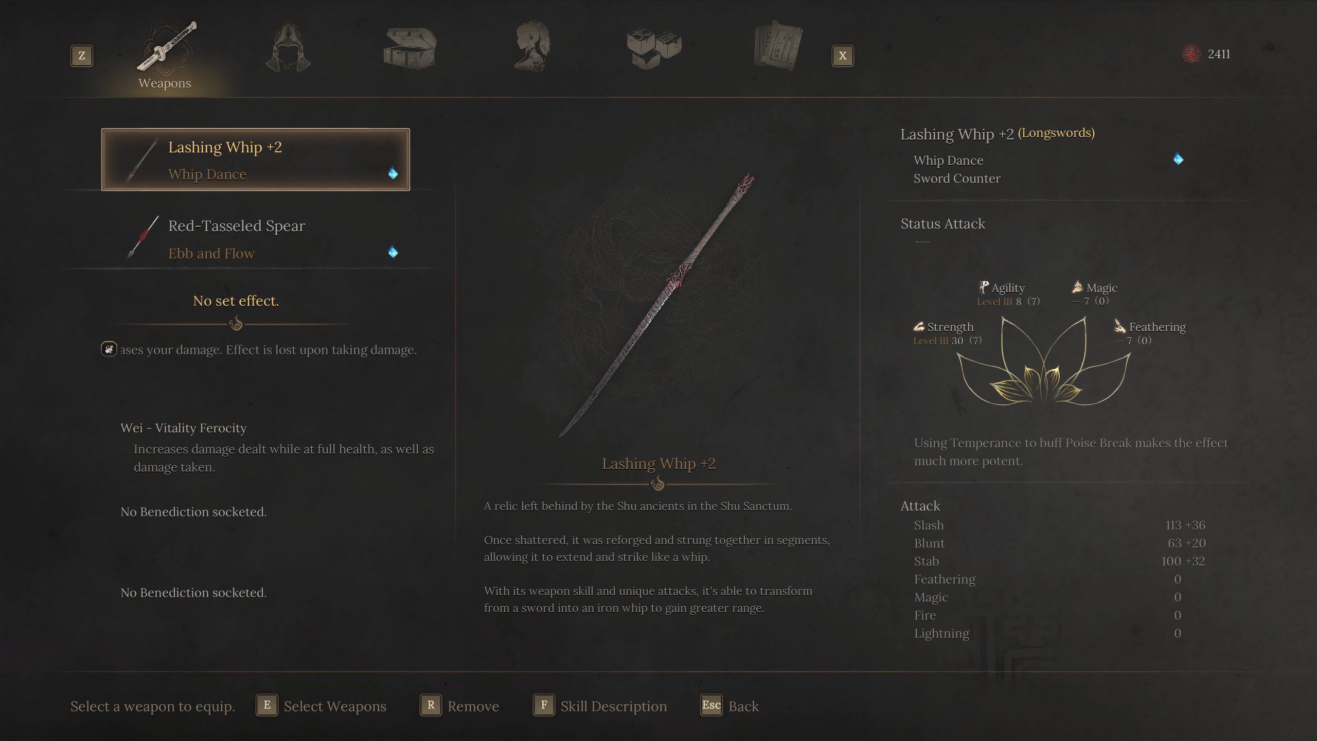 Screenshot of the weapon menu in Wuchang Fallen Feathers