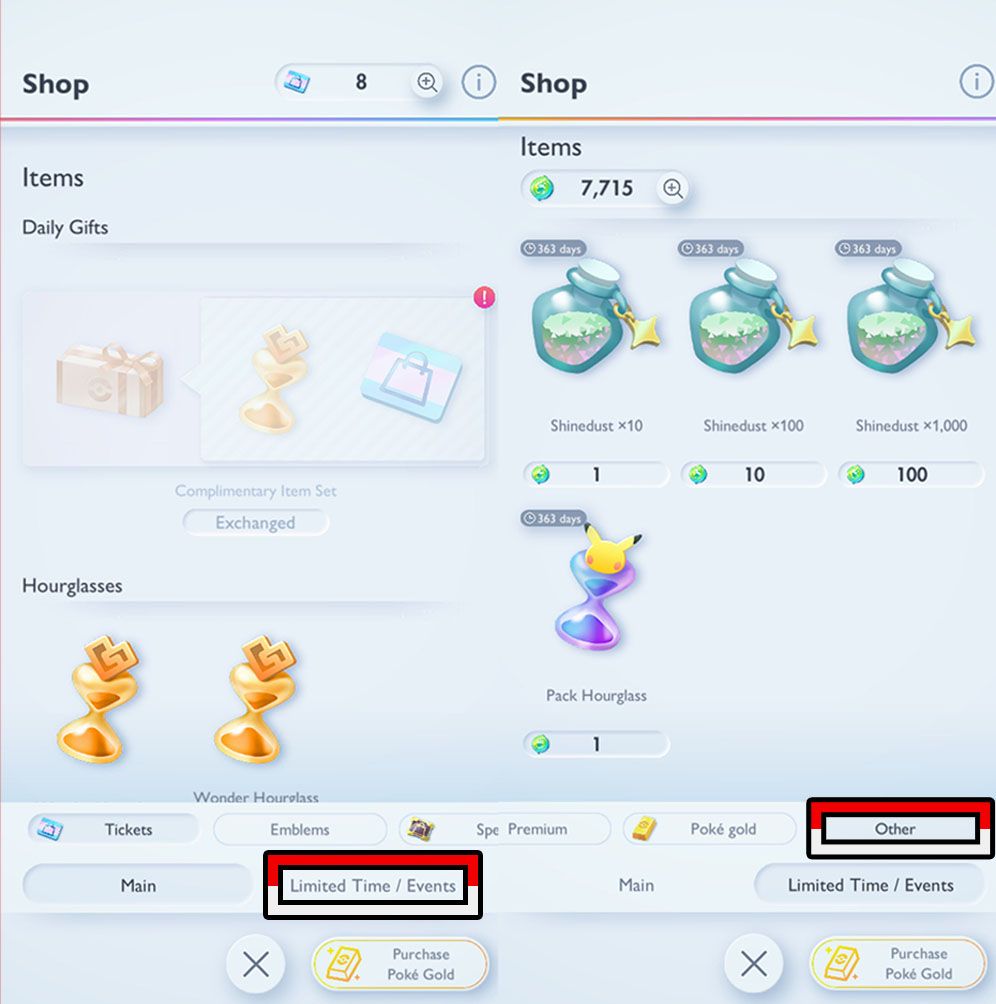 Retângulos temáticos de bola de poké, indicando os locais dos botões que o levarão ao menu de troca de token comercial no bolso Pokémon TCG.