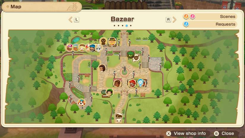 Screenshot from Story of Seasons: Grand Bazaar. It depicts a map of the bazaar, with a blue arrow pointed at Wilbur's stall.