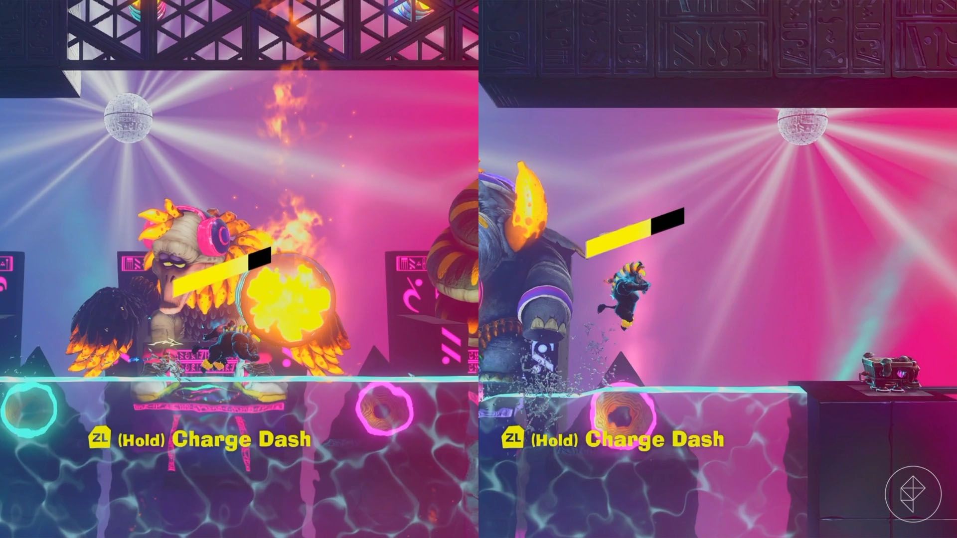 Zebra Kong running across water while flaming barrels fall from the sky.