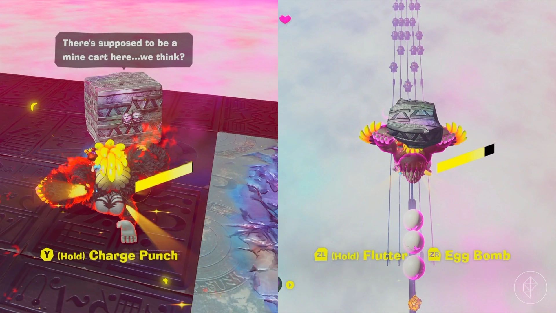 Donkey Kong standing in front of a concrete Fractone alongside an image of Ostrich Kong gliding through the air with a concrete chunk.