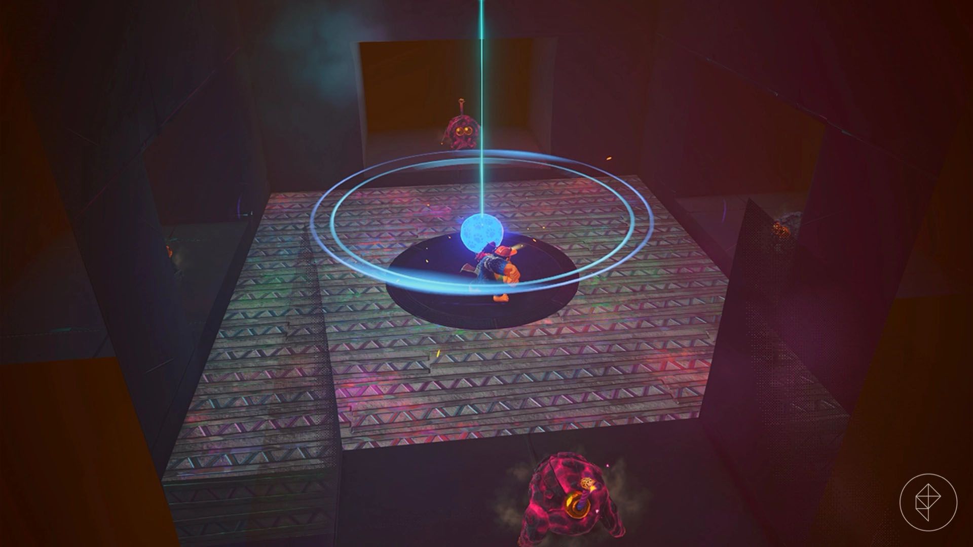 Donkey Kong hitting a blue balloon on a concrete platform to find enemies lurking about.