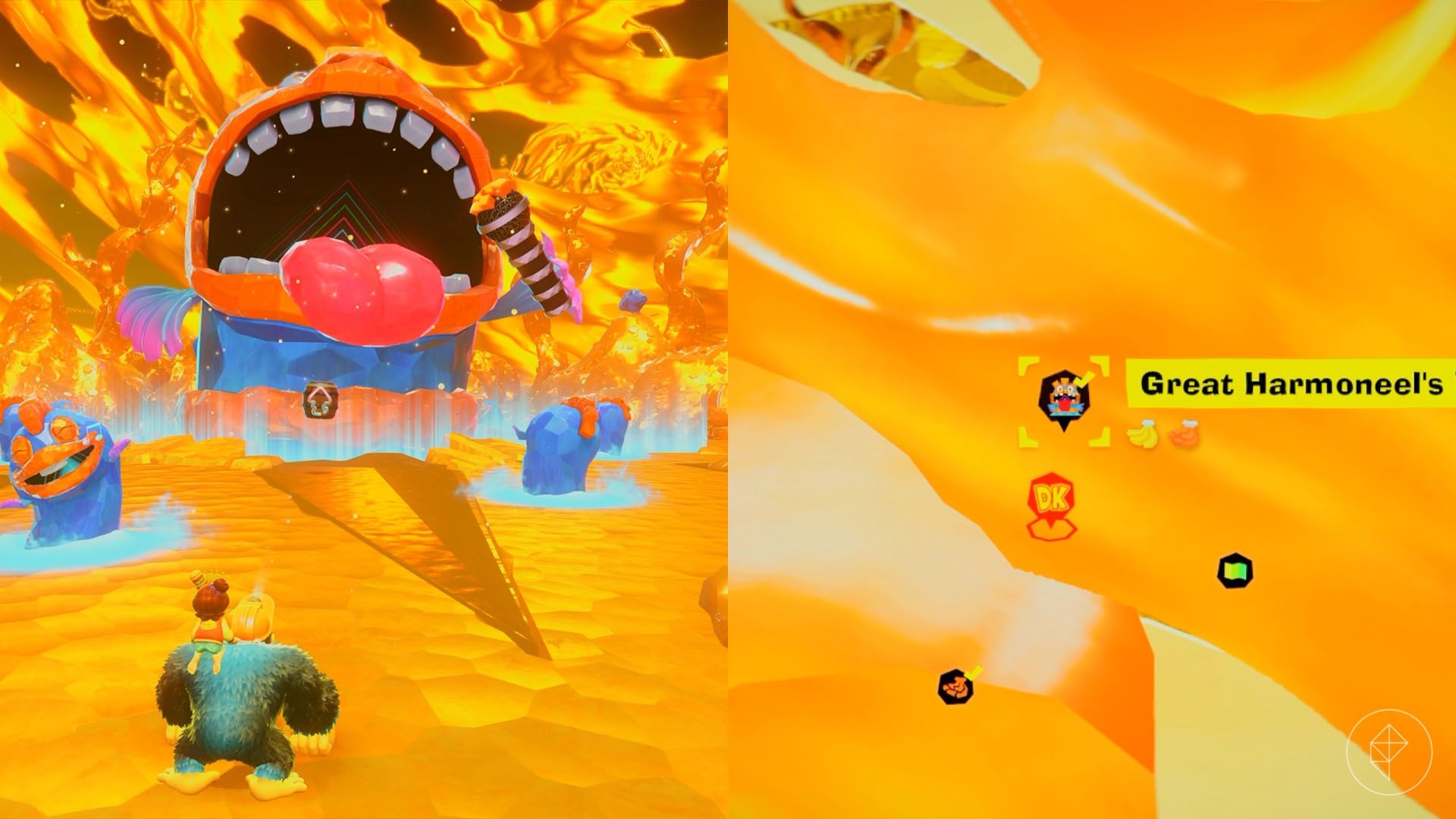 A large eel blue eel with its mouth open in a golden area in Donkey Kong Bananza.