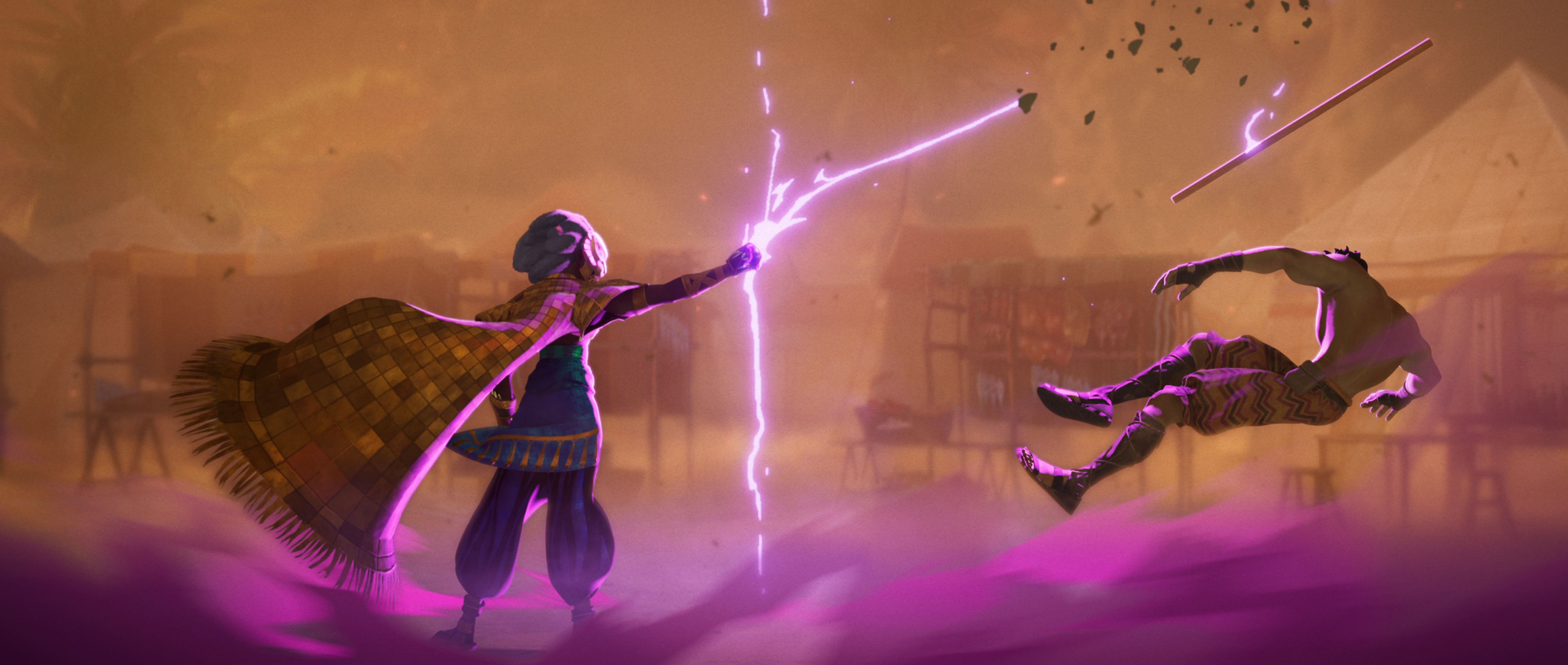 शेर वकंडा की नजर में एक लड़ाकू में एक वायलेट ऊर्जा विस्फोट करता है