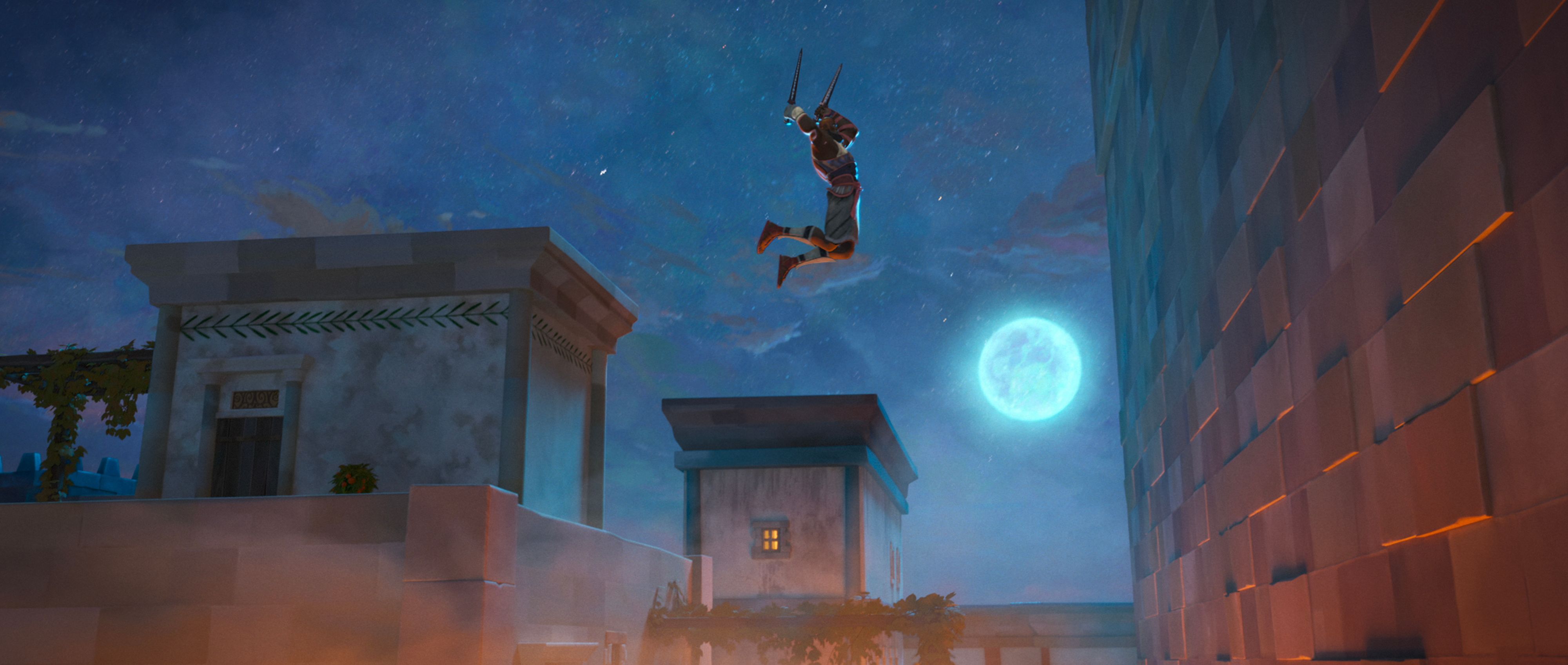 Memnon climbs a Trojan wall by moonlight in Eyes of Wakanda