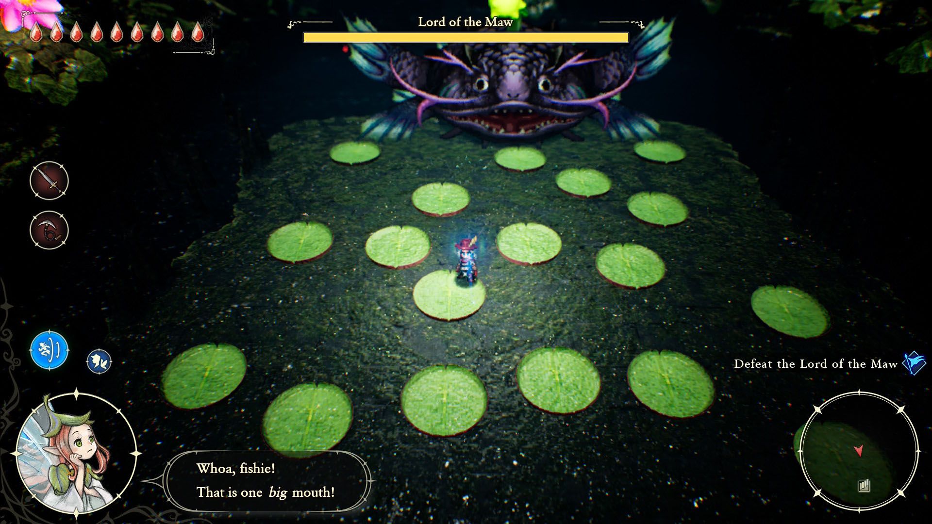 A Aventuras de Elliot Screenshot mostrando Elliot durante uma luta contra o chefe contra o Senhor do Maw, um peixe gigante. Você pode ver algumas plataformas no campo de batalha.