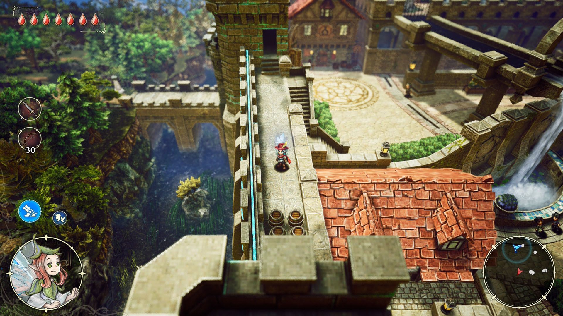 A Aventuras de Elliot Screenshot mostrando o personagem no topo da parede em torno da cidade inicial.