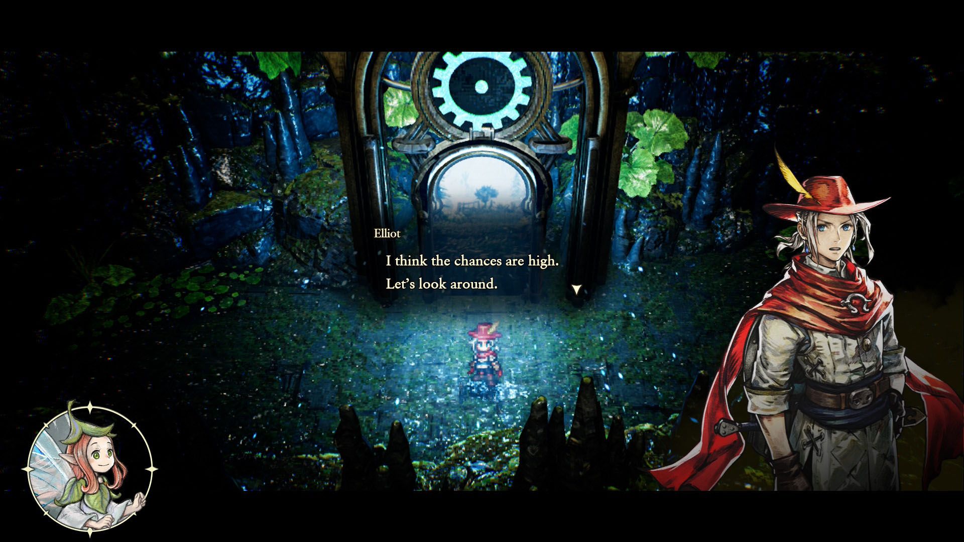 A Aventuras de Elliot Screenshot mostrando Elliot em Fron do Portal enquanto conversava com Faie.