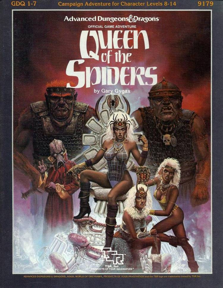 The cover illustration for the Queen of the Spiders compiled campaign for D&D, depicting drow priestess on a throne, a mind flayer, and some bugbears