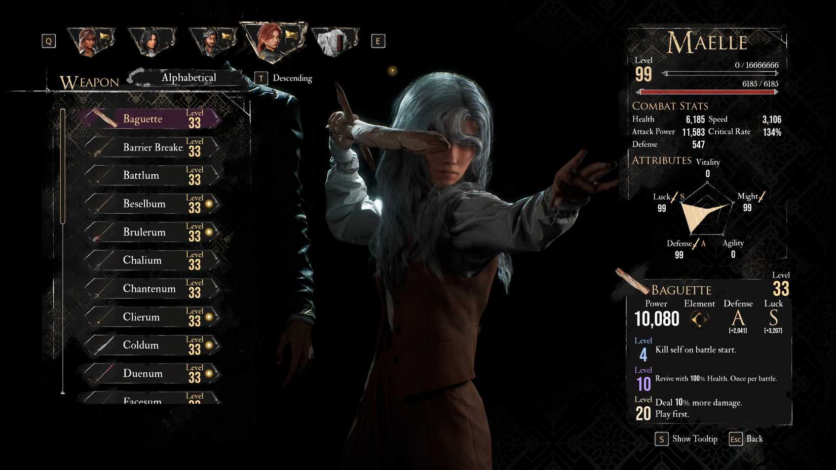 A screenshot of the weapon equip menu in Clair Obscur: Expedition 33