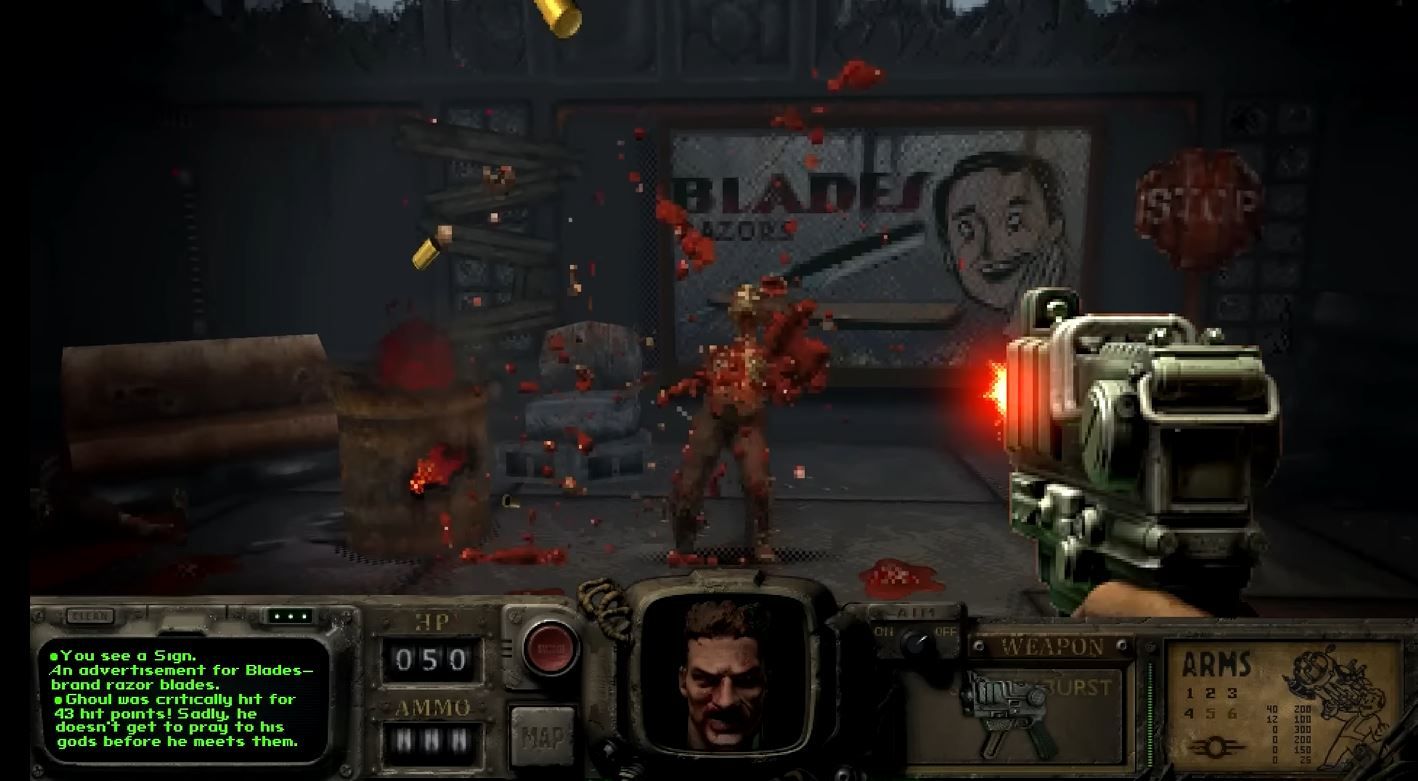 A player in Fallout: Bakersfield, a Doom total conversion mod, shoots at a ghoul that's blowing up into tiny bits.