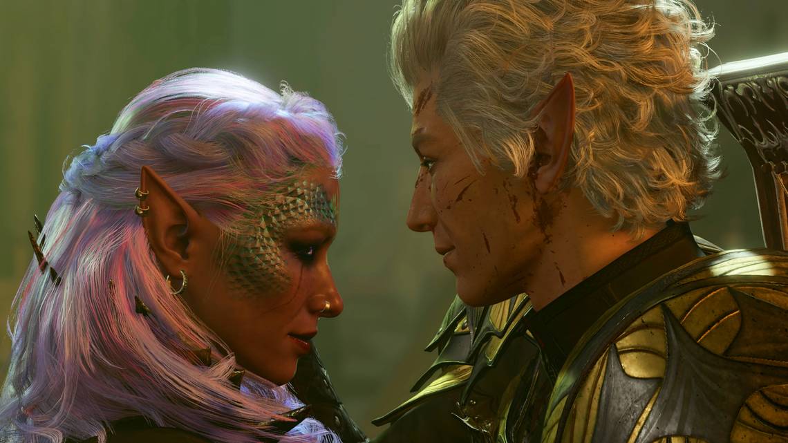Astarion, a pale, white-haired vampire Elf, caresses the face of the player-character, a Drow-elf.