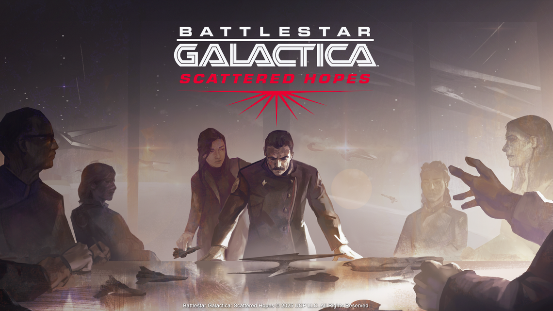 A man in a formal suit leans heavily on a table. He is surrounded by other men and women. All look distressed. Key art from Battlestar Galactica Scattered Hopes.