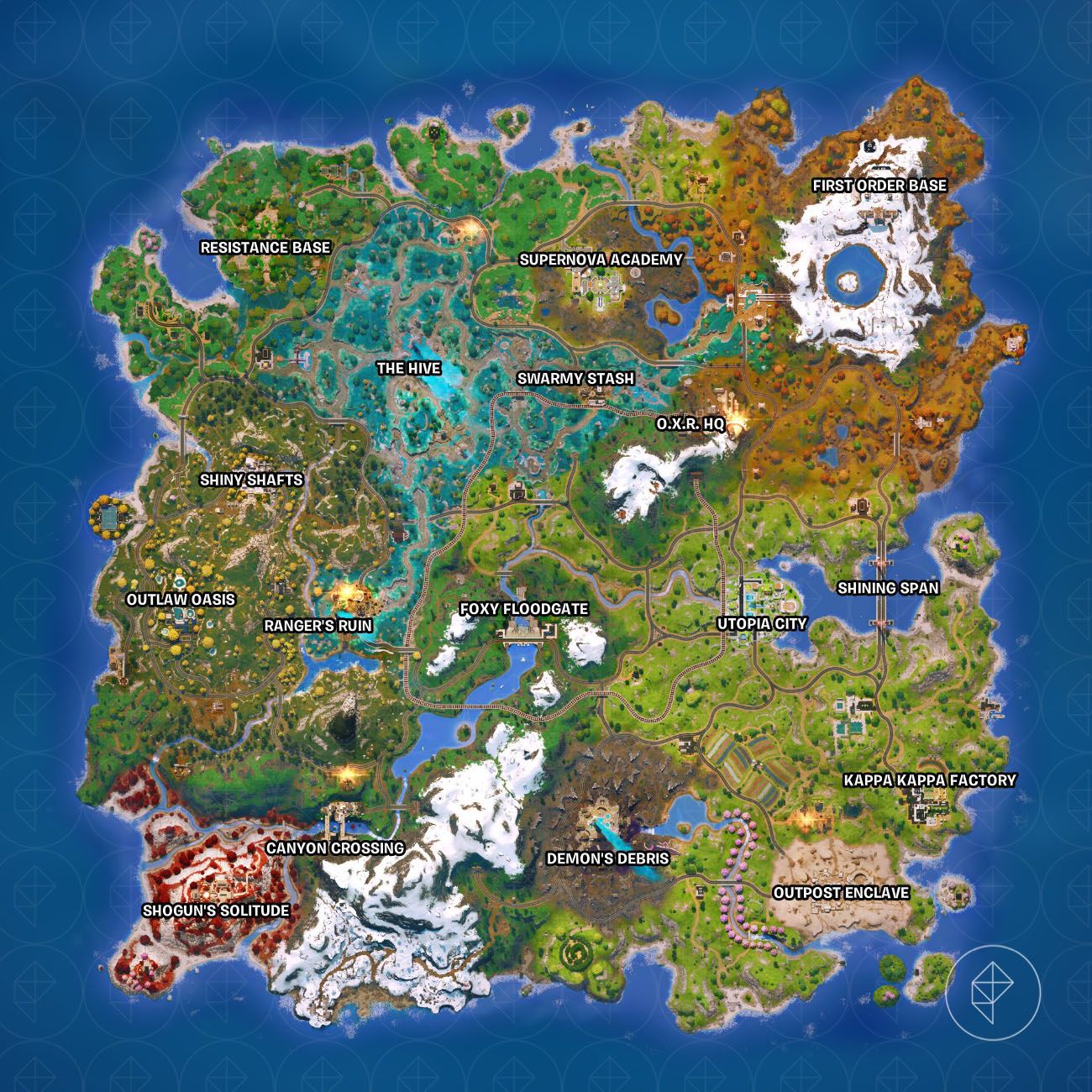 The Fortnite Chapter 6 Season 4 map with all of its major POIs labeled.