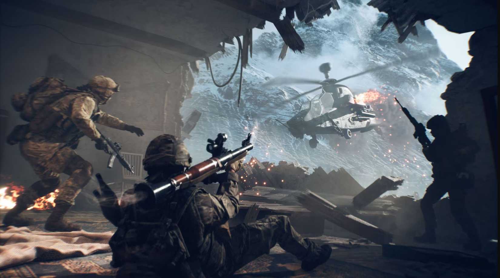 Two players in Battlefield 6 are getting shot at by a helicopter, as an engineer takes aim with a rocket. 