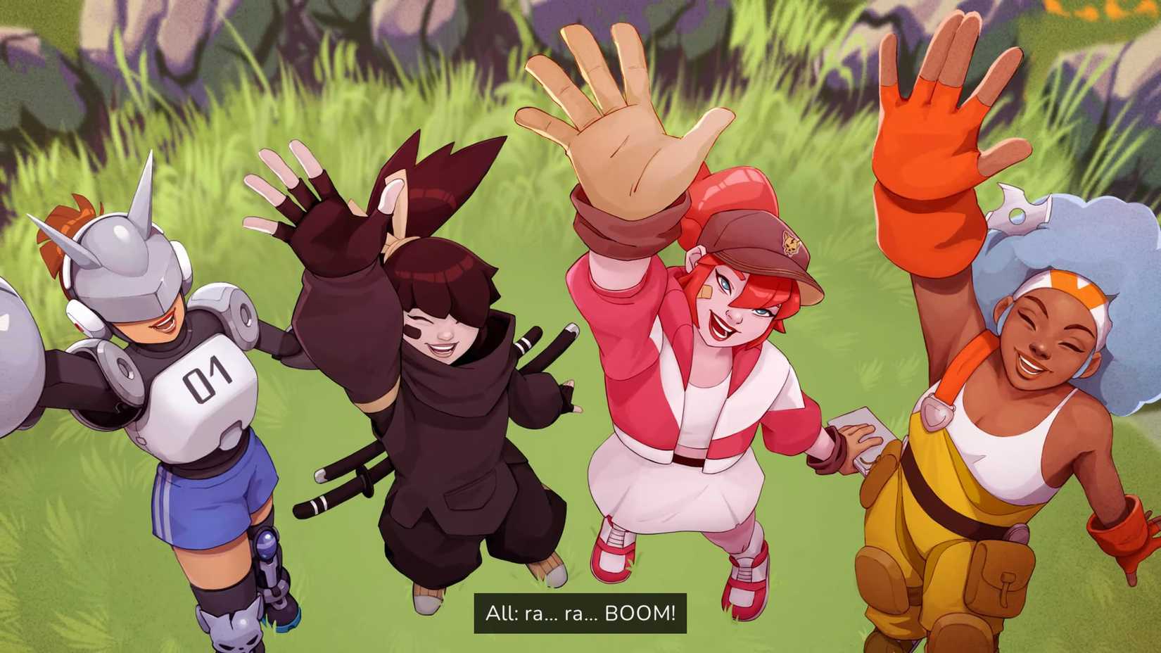 Ra Ra BOOM's four protagonists face the camera above, cheering, "Ra, Ra, BOOM!"