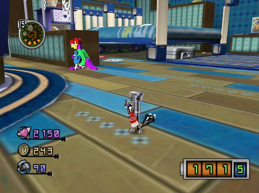 Chibi-Robo stands in a bedroom with a toothbrush.