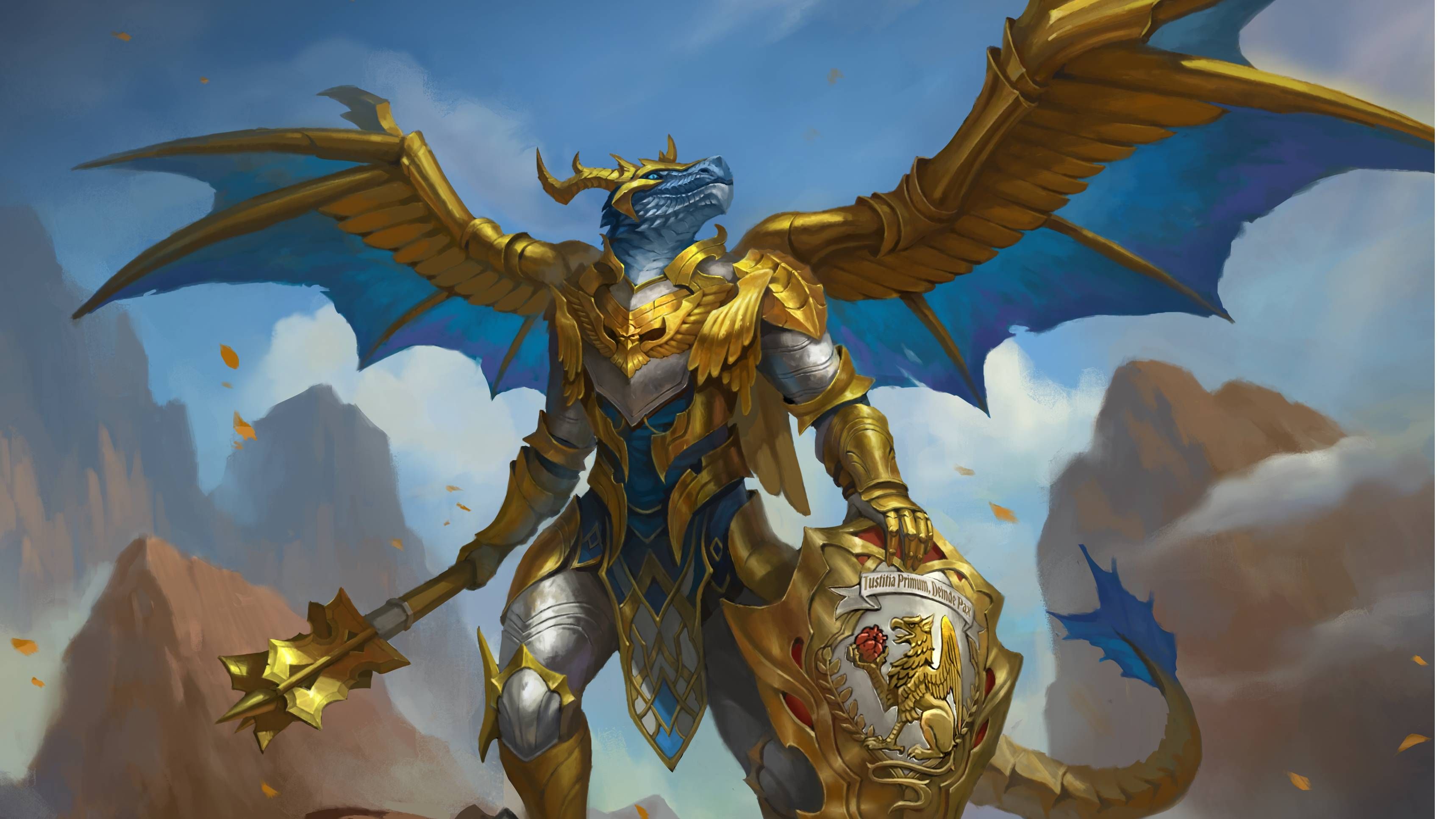 A dragon knight wearing golden armor holds a mace and shield in art from Draw Steel