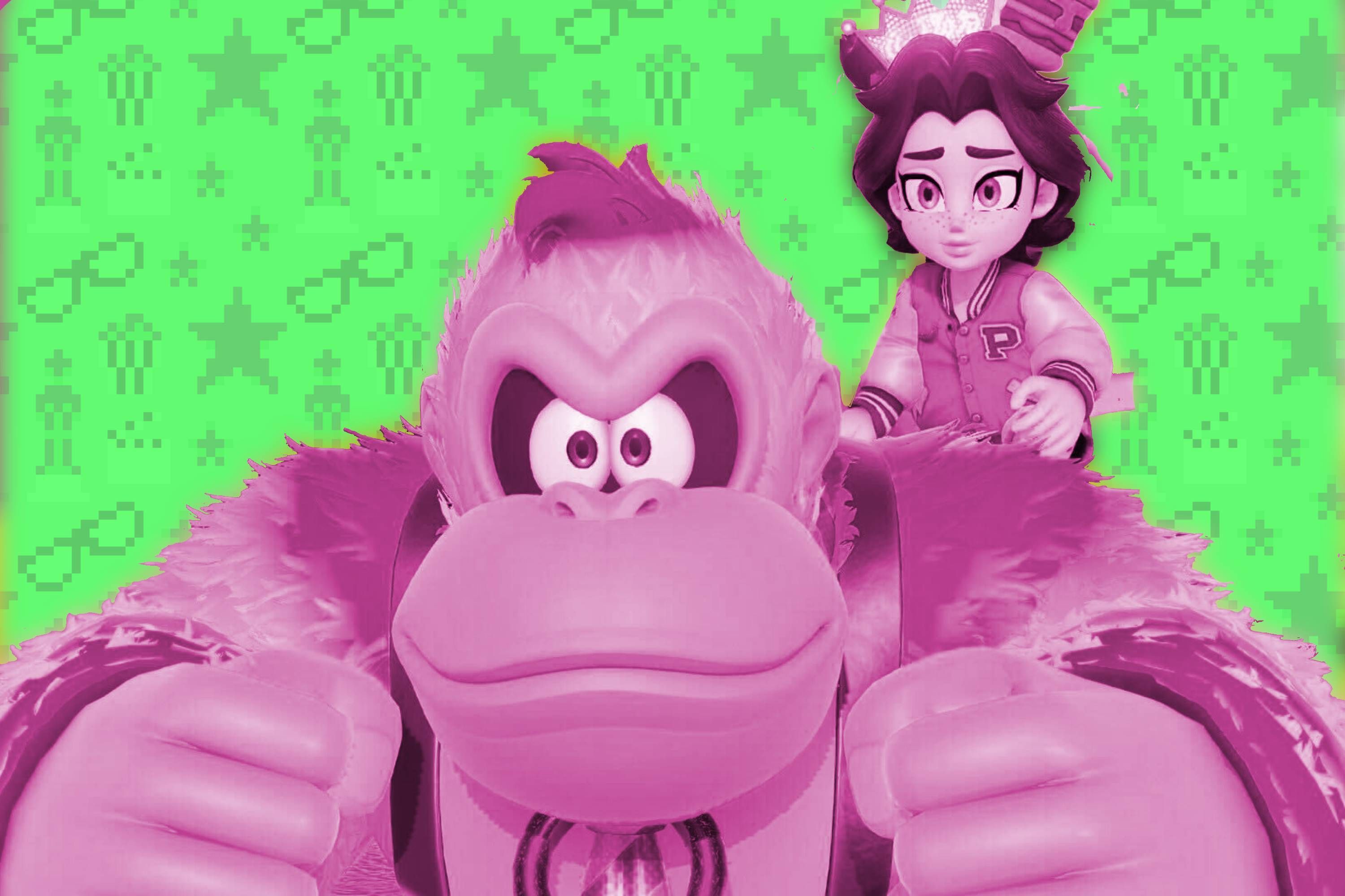 A collage of Donkey Kong and Pauline from Donkey Kong Bananza in pink against a green background