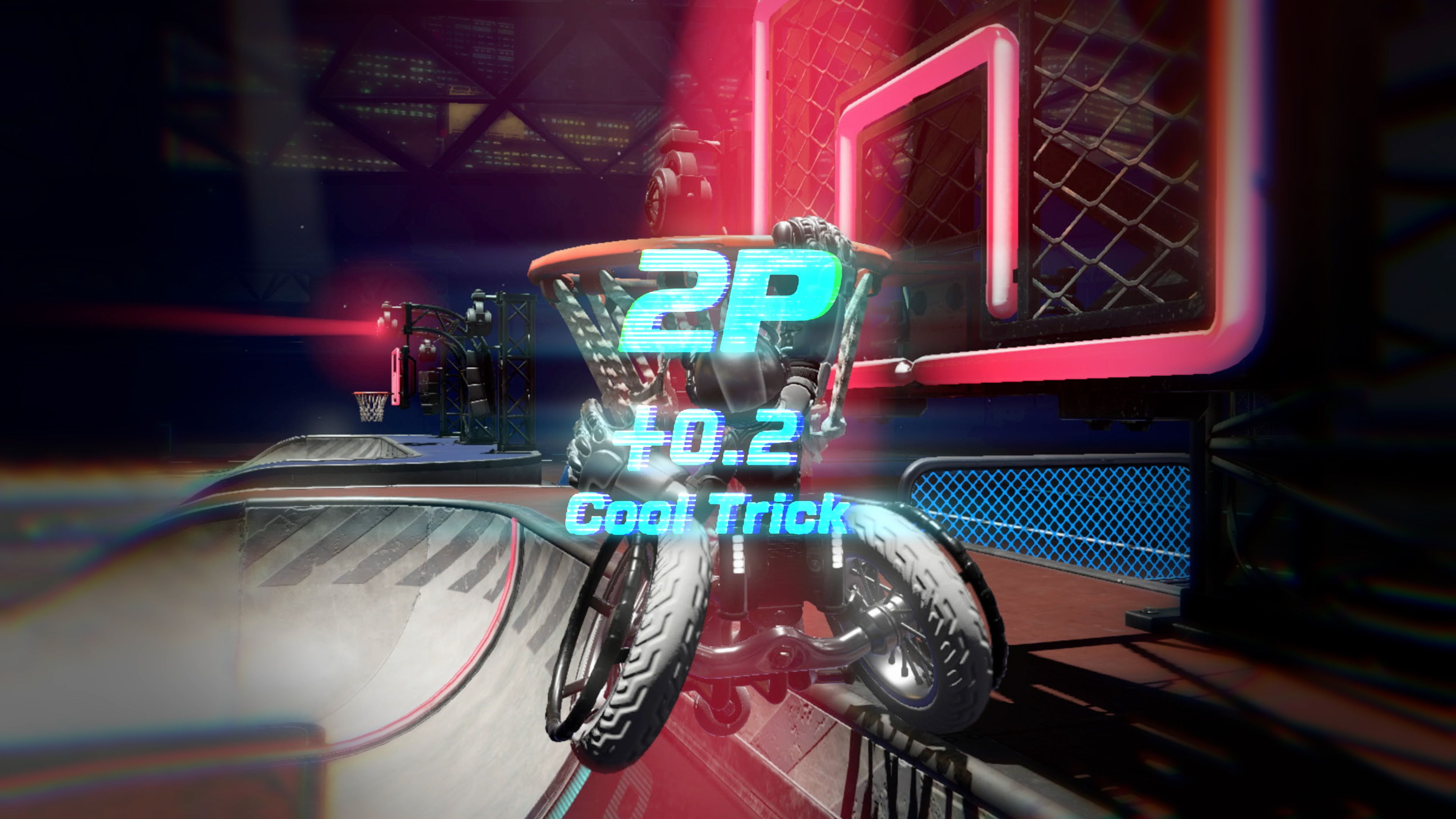 एक खिलाड़ी ड्रैग एक्स ड्राइव में एक बास्केटबॉल डंक करता है।