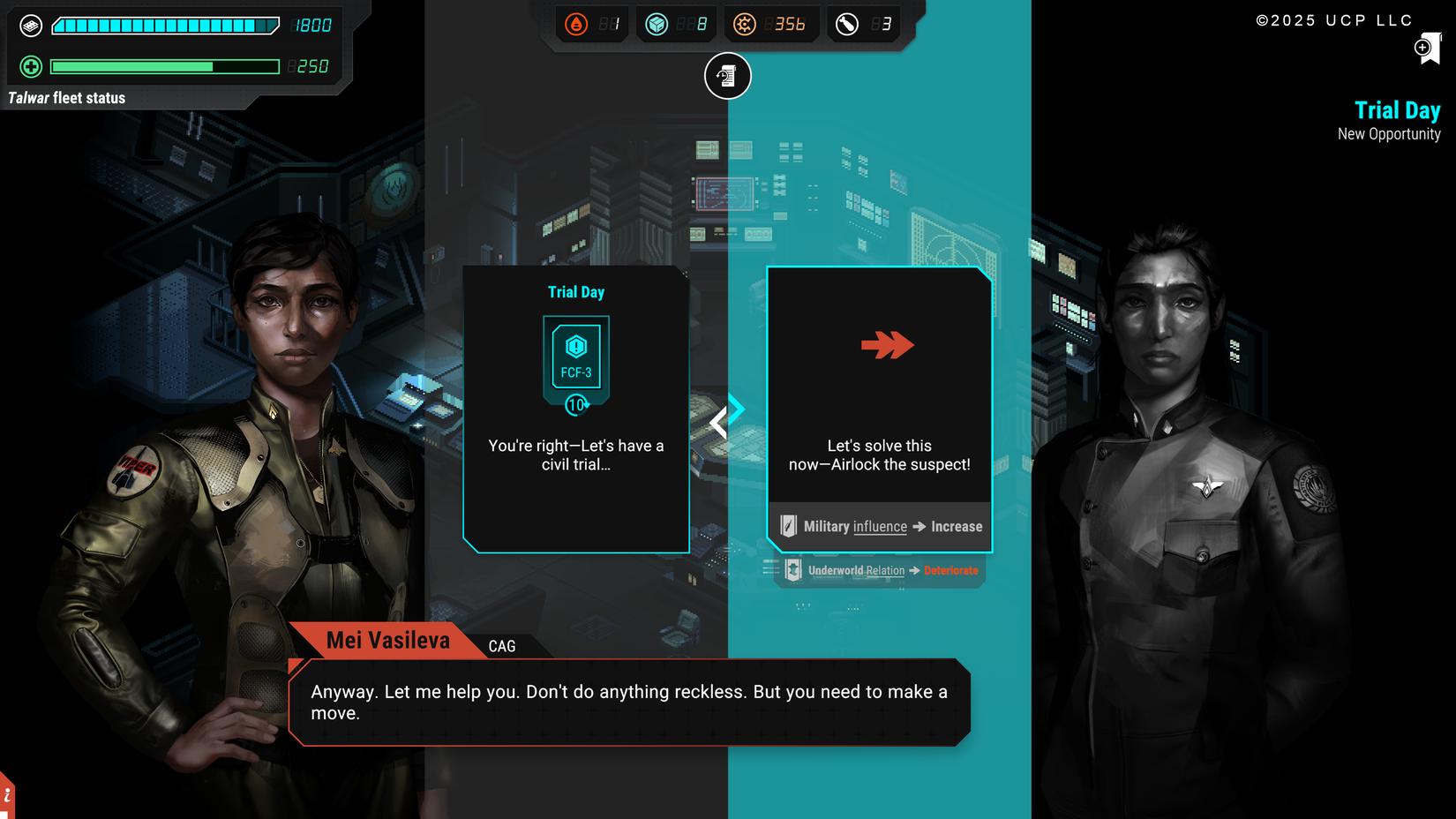 A screenshot of two cards, each representing a narrative and tactical choice the player character must make..Screenshot from Battlestar Galactica Scattered Hopes.