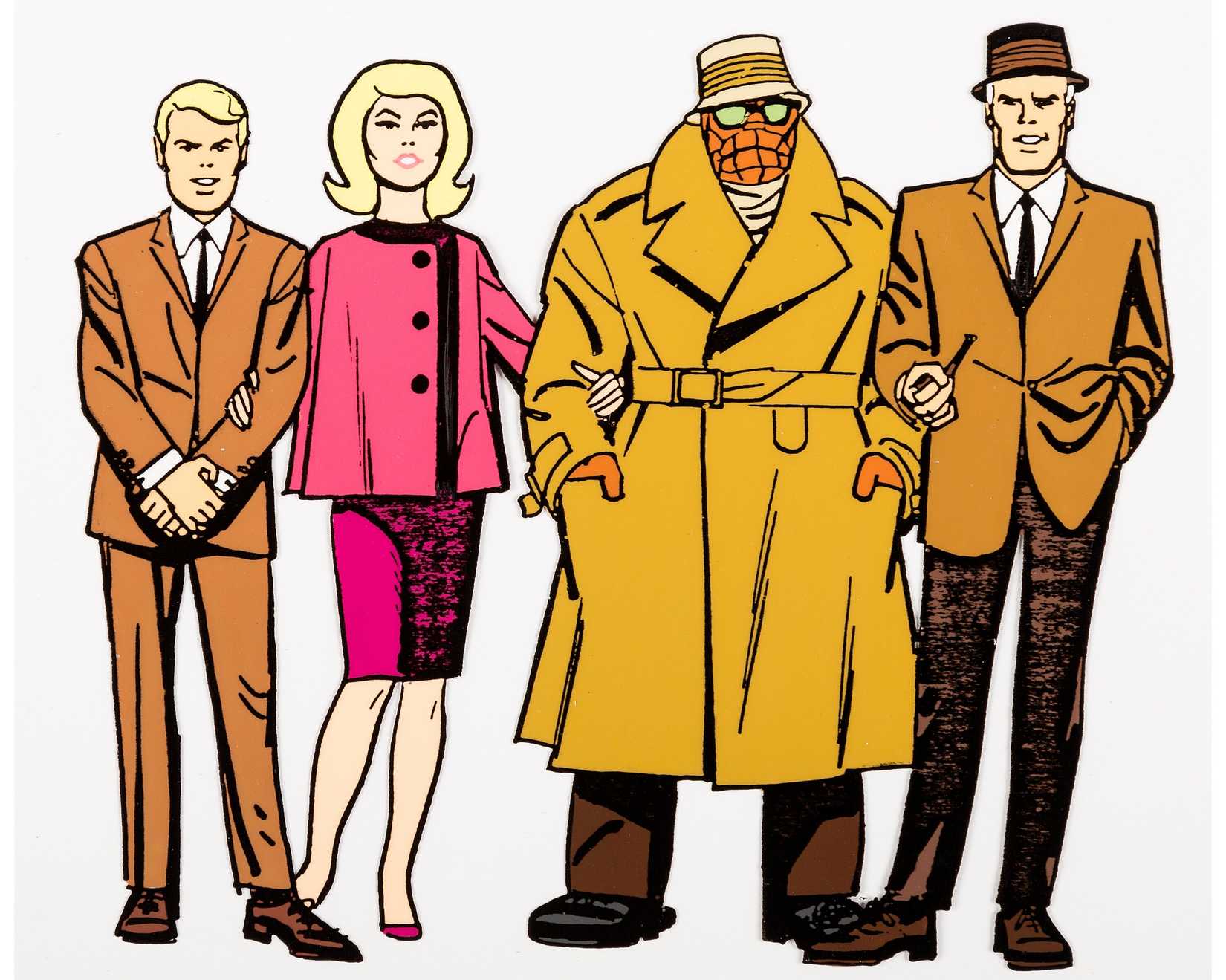 Um CEL do Fantastic Quarton de 1967, com os quatro heróis parados juntos em roupas civis, a coisa em uma trincheira, chapéu e óculos de sol espelhados