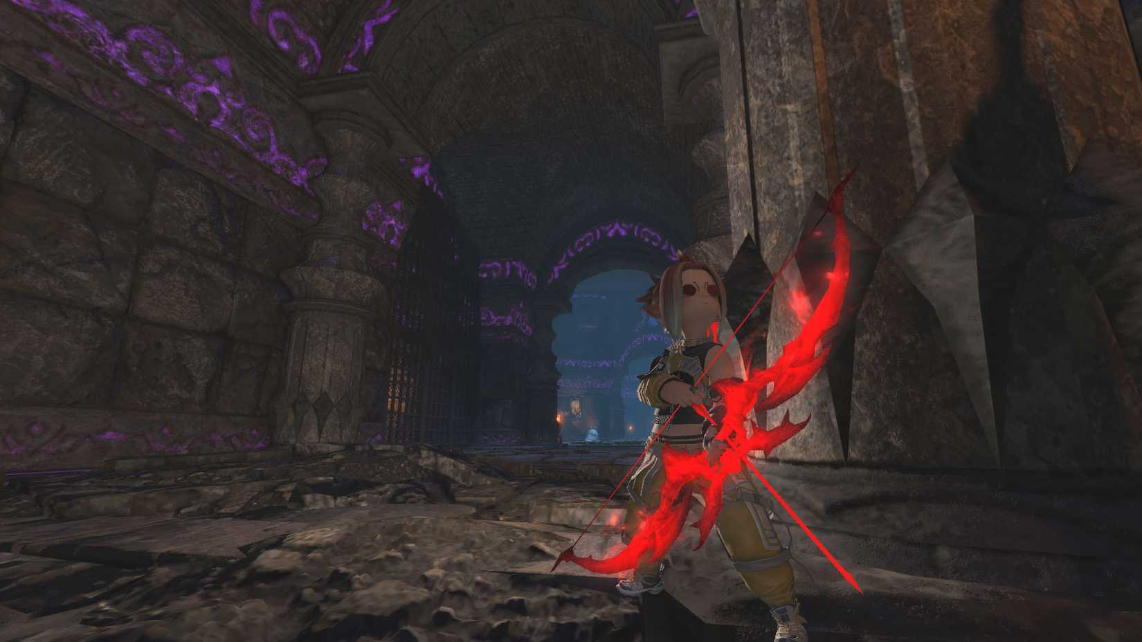 A Final Fantasy XIV screenshot showing a lalafel character holding a bow standing in a long corridor