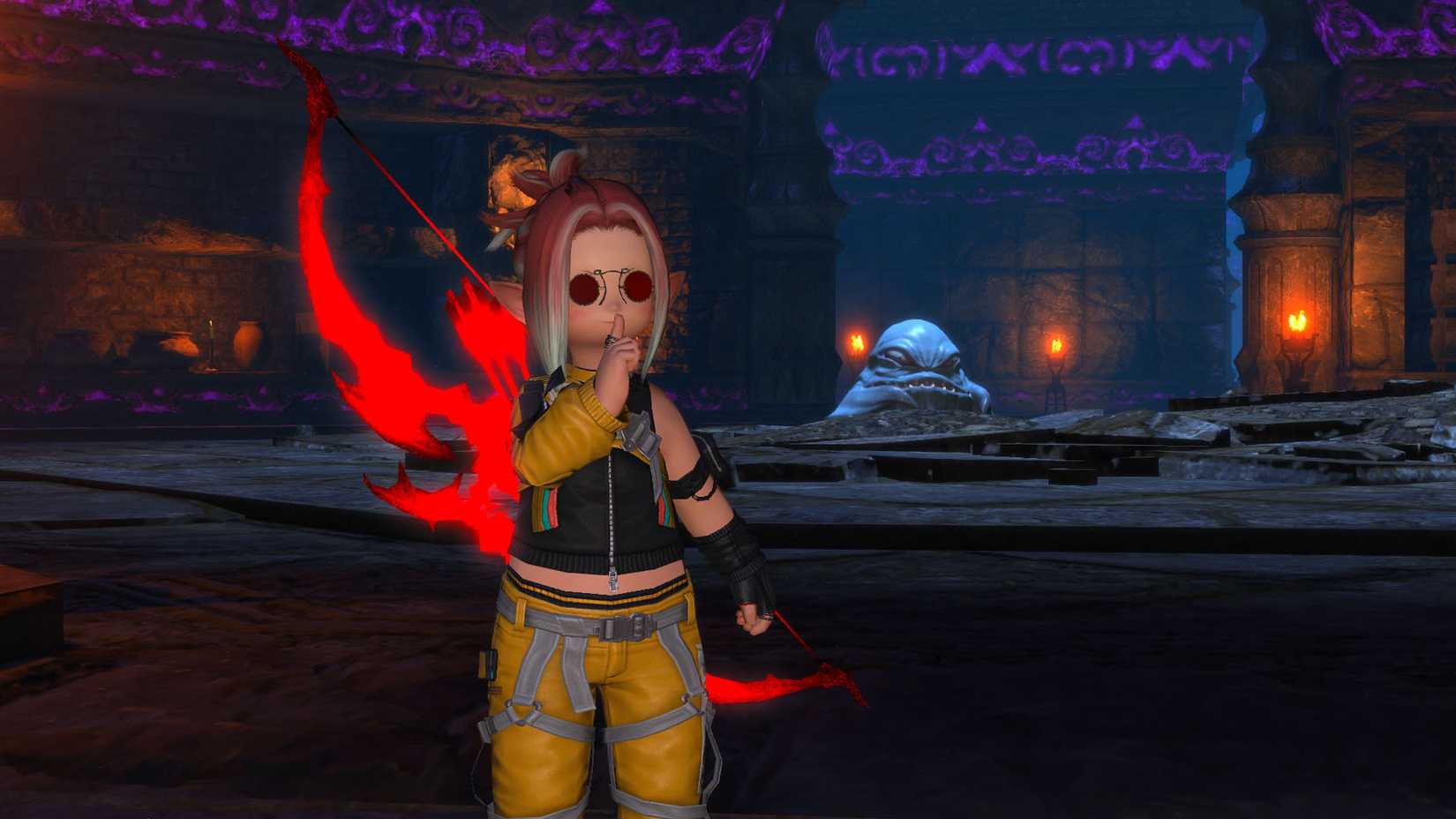 A Final Fantasy XIV screenshot showing a lalafel character with a finger raised in front of their mouth and a slime monter behind them