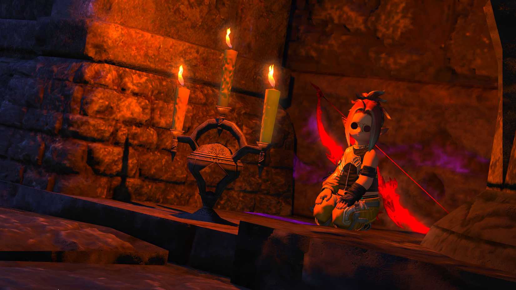 A Final Fantasy XIV screenshot showing a character sitting beside a candlestick