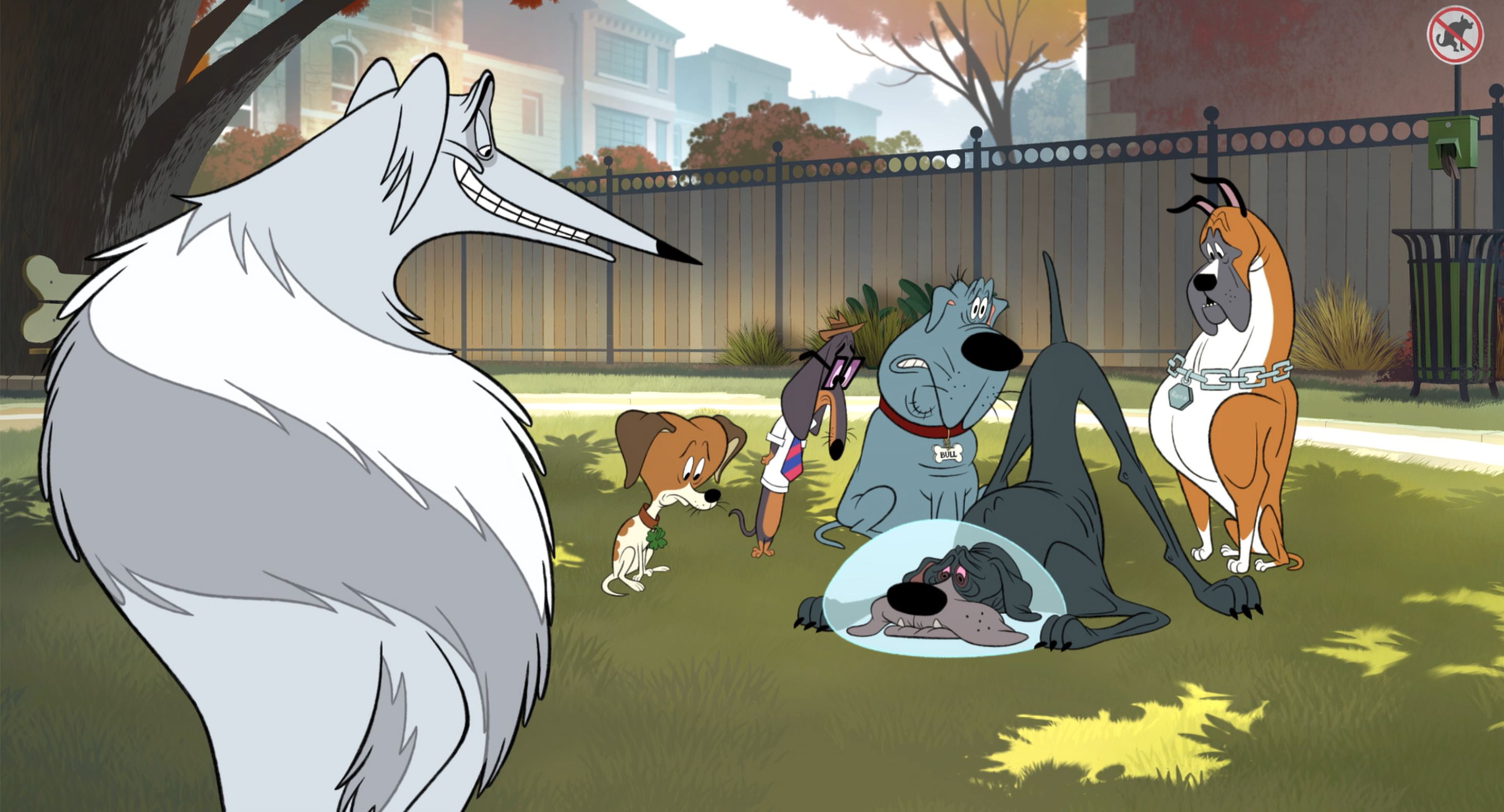 Sterling laughs at a recently neutered dog in a cone at the dog park in the animated movie Fixed