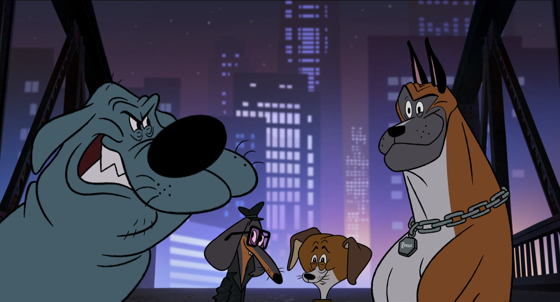 Cartoon dogs Bull, Fetch, Lucky and Rocco sit in front of the Chicago skyline in Fixed