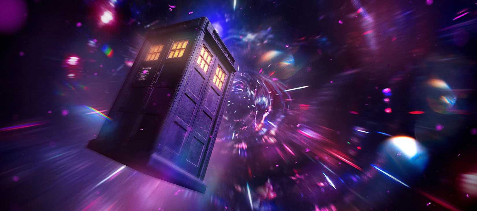 The Tardis flying through space in Doctor Who