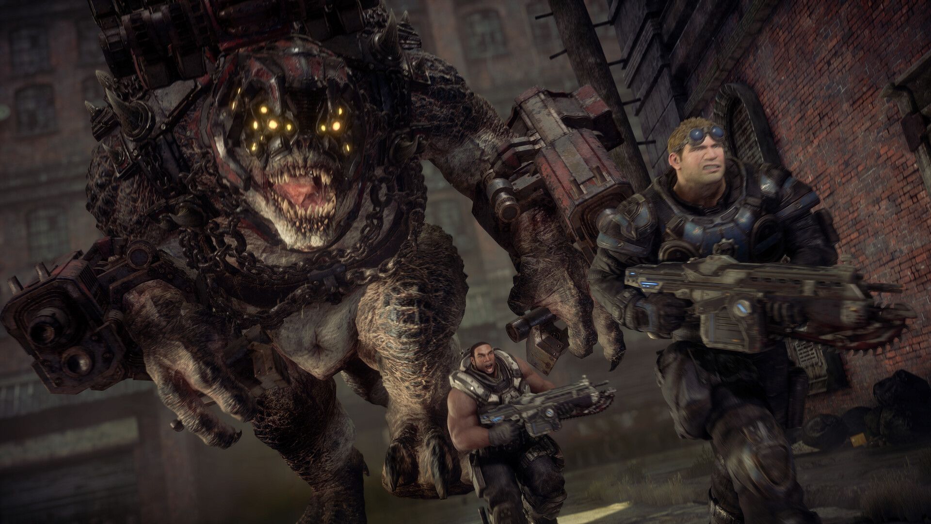 Cole and Baird running from a Locust monster in Gears of War Reloaded.