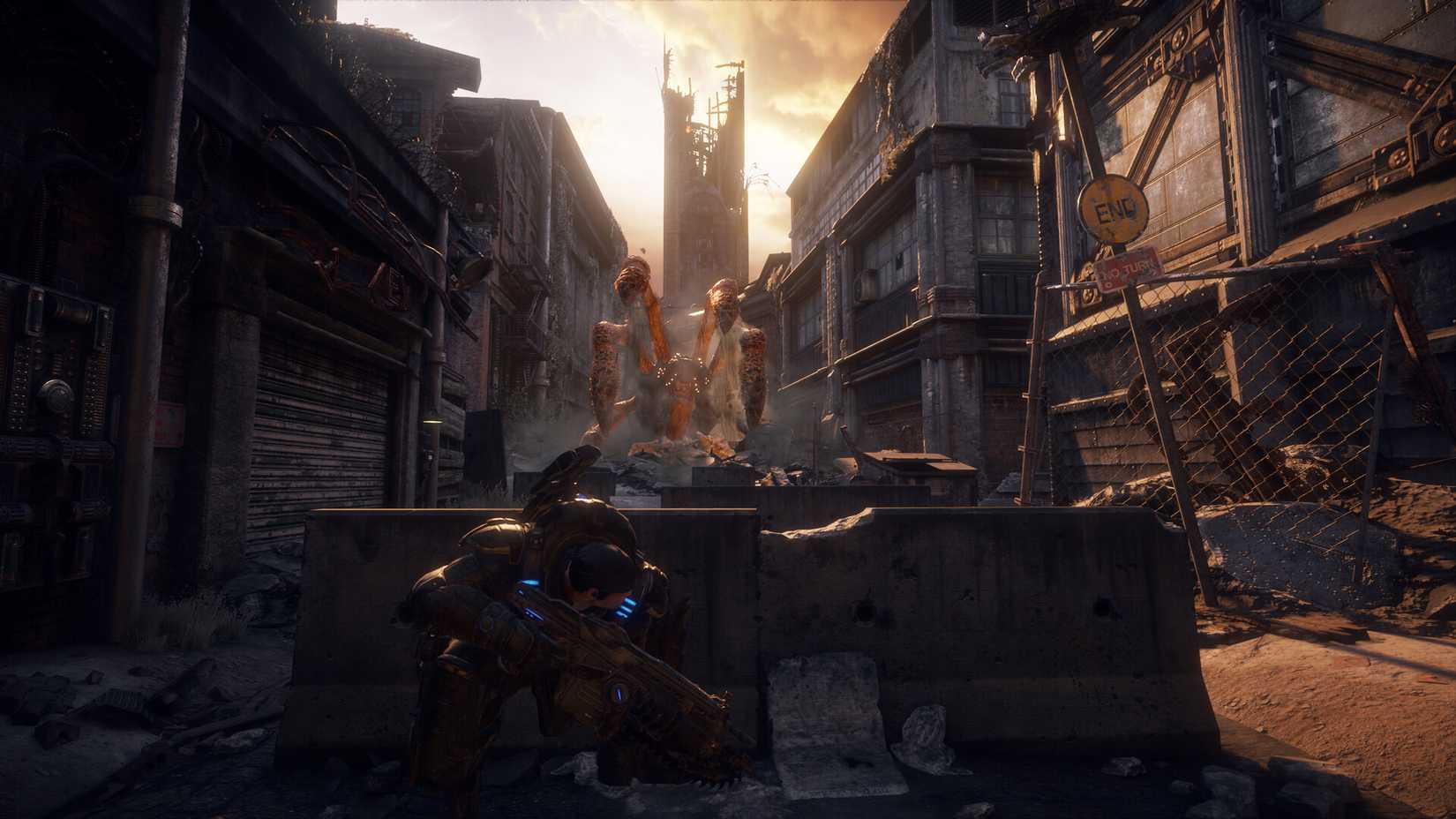 Marcus Fenix taking cover in Gears of War: Reloaded.