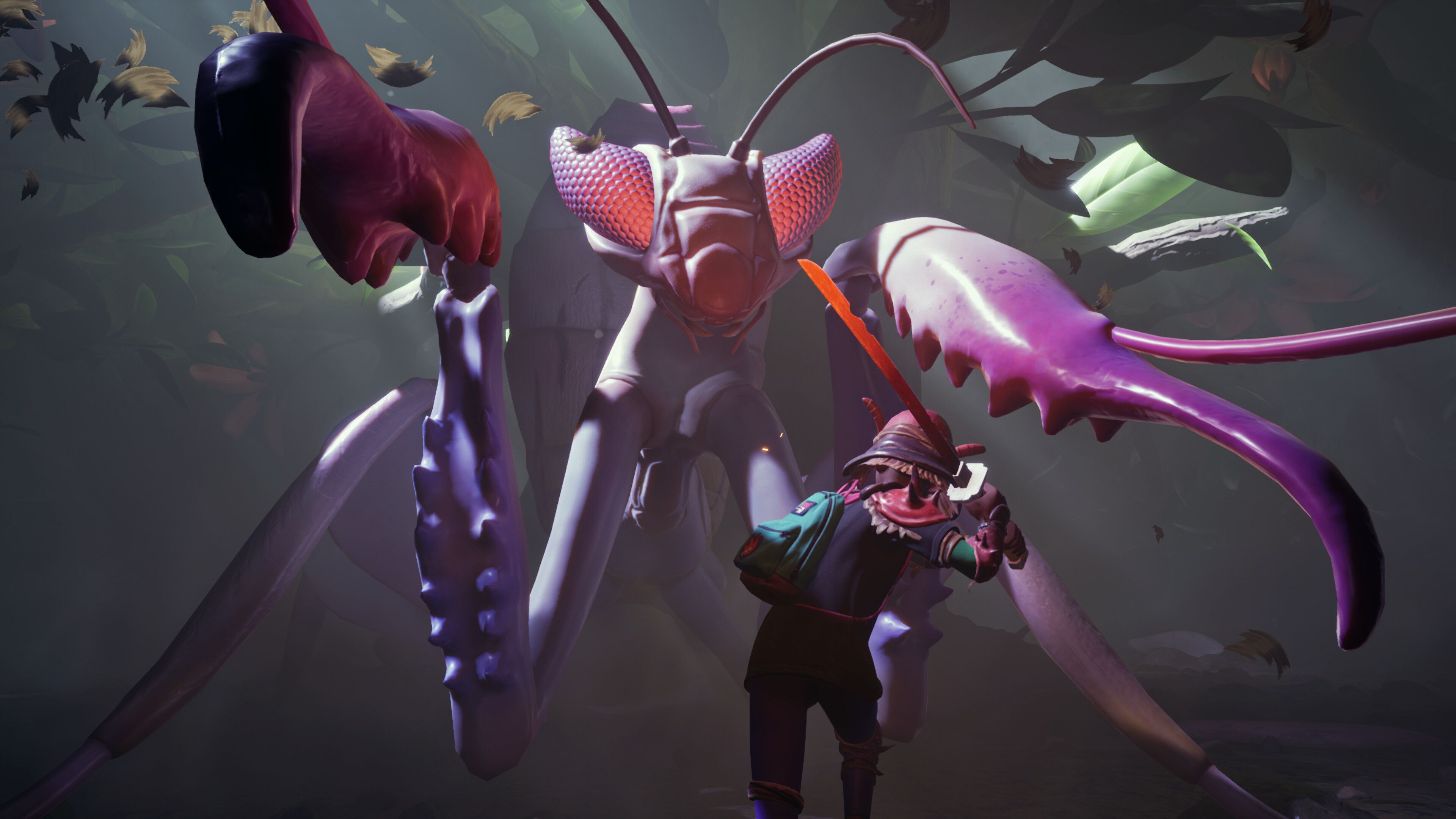 A player battles a mantis in a screenshot from the original Grounded