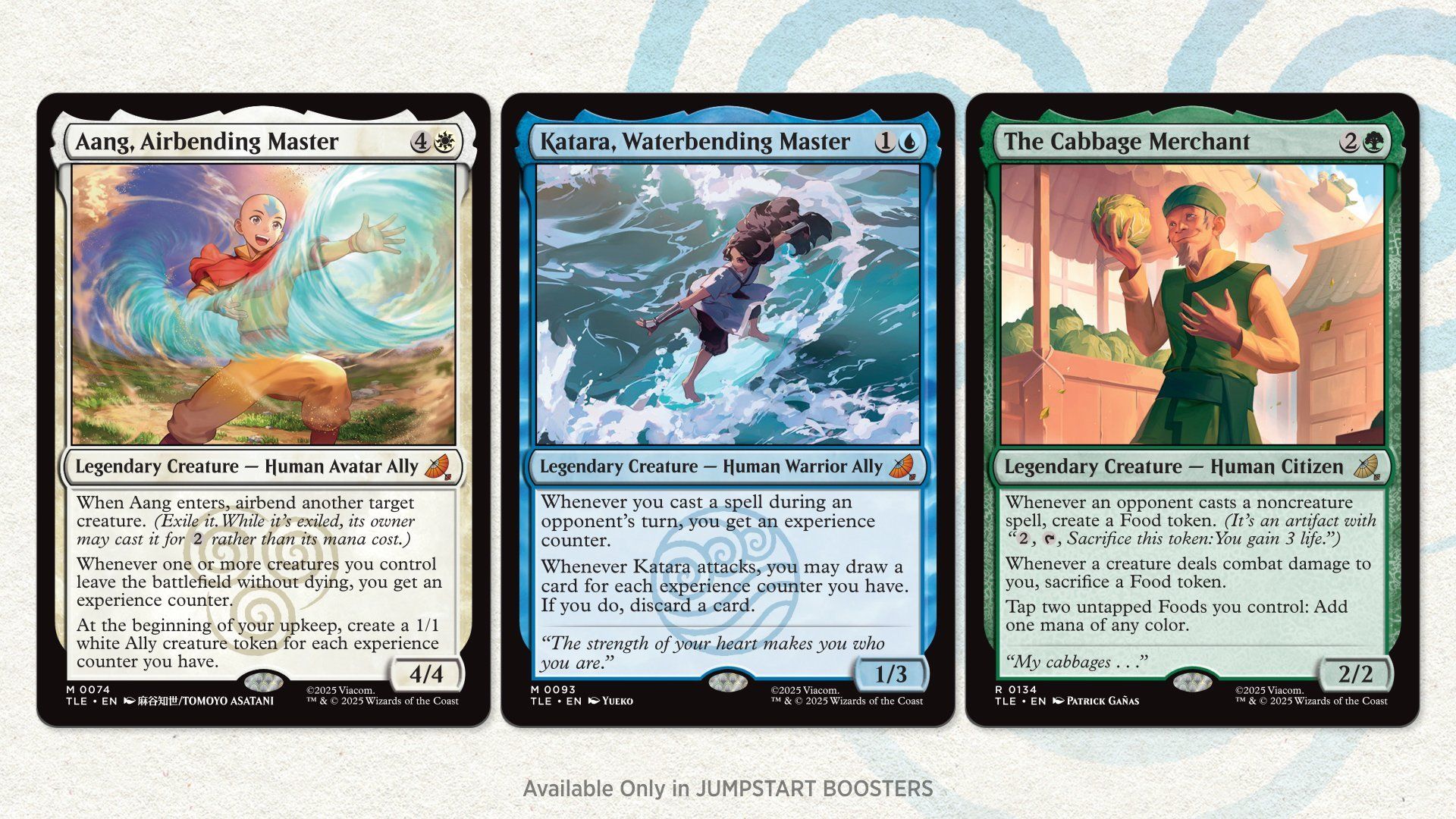 Aang, एयरबेंडिंग मास्टर के लिए नए कार्ड की पूर्वावलोकन छवियों; कटारा, वाटरबेंडिंग मास्टर; और मैजिक से गोभी व्यापारी: द सभा की आगामी अवतार: द लास्ट एयरबेंडर सेट।