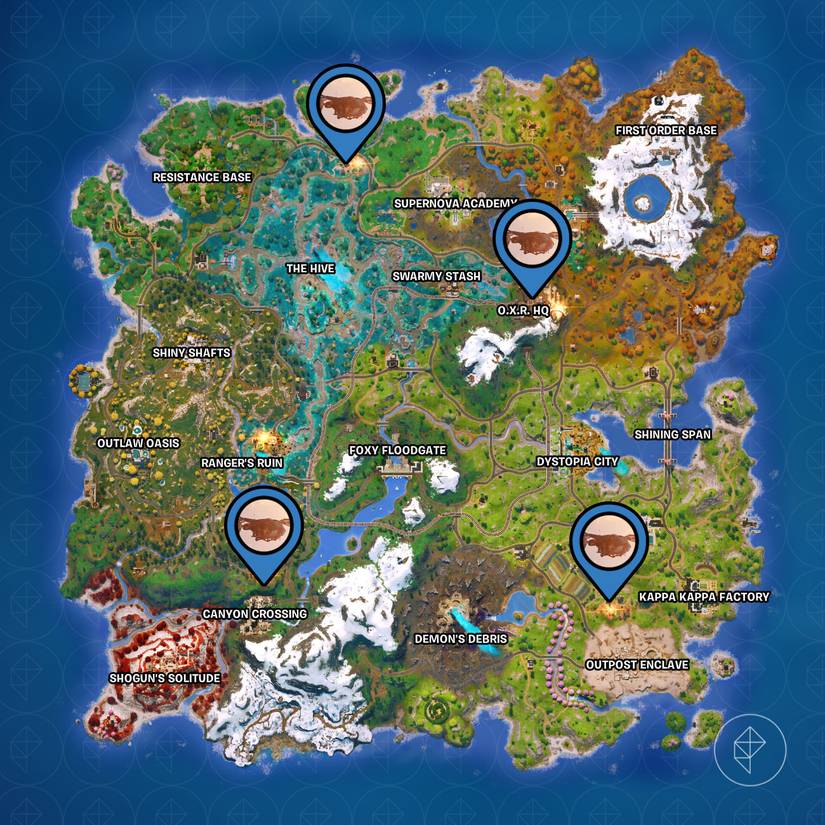 The Fortnite Chapter 6 Season 4 map marked with the locations of the Hammerhead Choppa.